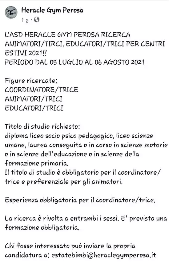 HERACLEGYM RICERCA PERSONALE EDUCATORE